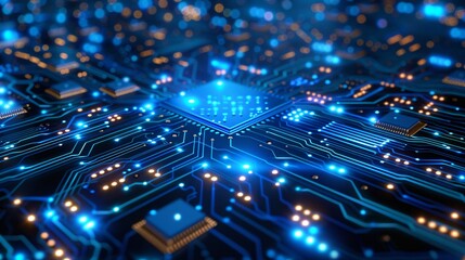 Poster - This abstract digital background showcases a vibrant blue circuit board with glowing pathways, embodying the spirit of technological progress and innovation. The composition offers ample copy space