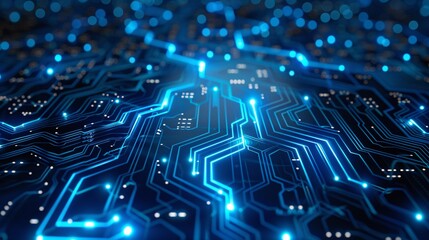 Poster - an abstract digital background featuring a glowing blue circuit board, with intricate lines and conn