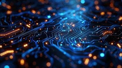 Poster - This abstract digital background showcases a vibrant blue circuit board with glowing pathways, embodying the spirit of technological progress and innovation. The composition offers ample copy space