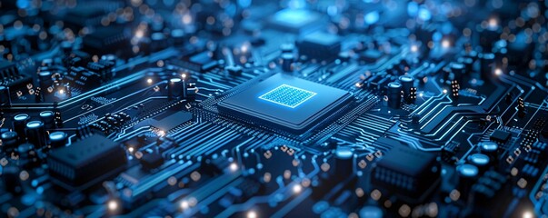 Poster - a luminous blue circuit board forms the core of this abstract digital background, representing the e
