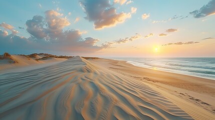 Expansive dune beach at sunset, with wind-swept sand creating waves, vibrant sky, raw and detailed panorama