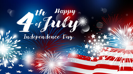 Wall Mural - 4th of july usa independence day design of american flag with fireworks on black background vector i