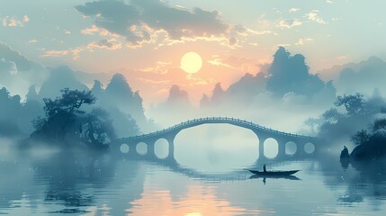 Traditional blue sky and flowing water bridge illustration poster background