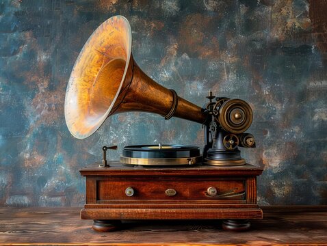 Vintage phonograph with a classic horn speaker, set on a wooden table with nostalgic decor