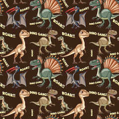 Wall Mural - Colorful dinosaurs with text on dark background