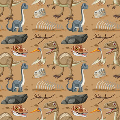 Poster - Colorful dinosaurs and fossils on a brown background