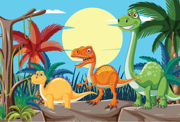 Sticker - Three dinosaurs in a vibrant jungle setting