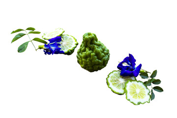 Wall Mural - herbal vegetable kaffir lime with blue flower butterfly pea local of asia arrangement flat lay style