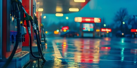 Canvas Print - A gas station with a red sign and a wet street