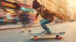© doraclub - Teenage Boy Riding Skateboard at High Speed on Urban Street with Blurred Background Effect