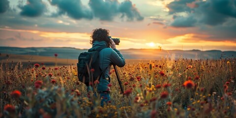 Wall Mural - A man is taking a picture of a field of flowers with a camera