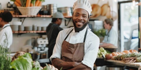 A chef is smiling and posing in front of a vegetable stand