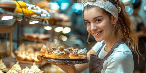 Wall Mural - A woman is smiling and holding a tray of cupcakes