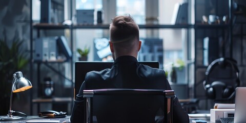 Sticker - A man is sitting at a desk with a laptop and a keyboard