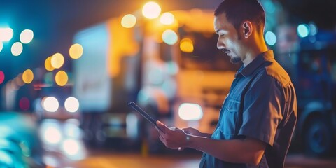 Sticker - A man is looking at a tablet while standing on a street