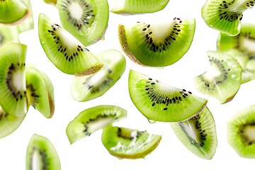 Wall Mural - Close up narutal fresh kiwi slices falling and floating in air isolated on white background.