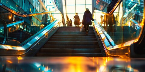 Poster - A group of people are walking up a set of escalators