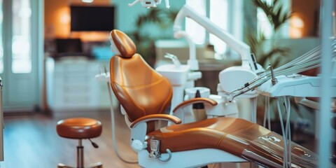 Canvas Print - A dentist's office with a brown chair and a white chair