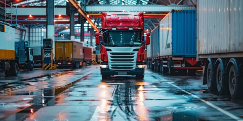 Canvas Print - A red semi truck is parked in a lot with other trucks