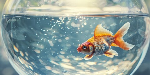 Poster - A goldfish is swimming in a glass bowl