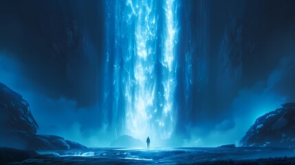 Wall Mural - Blue waterfall and character illustration poster background