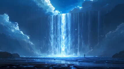 Wall Mural - Blue waterfall and character illustration poster background