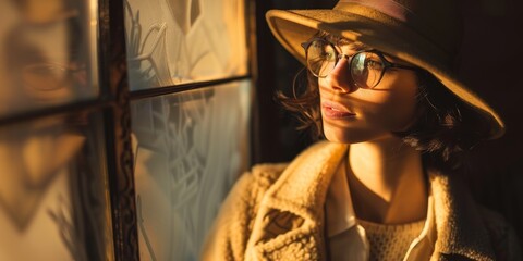 Wall Mural - A woman wearing a hat and glasses is looking out a window