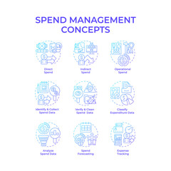 Wall Mural - Spend management blue gradient concept icons. Expense reports, financial growth. Economic stability. Icon pack. Vector images. Round shape illustrations for infographic, presentation. Abstract idea