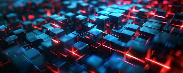 Wall Mural - Abstract 3D Cube Background with Red and Blue Lights