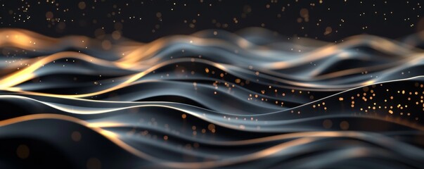 Wall Mural - Abstract Black and Gold Wavy Background with Glowing Lights