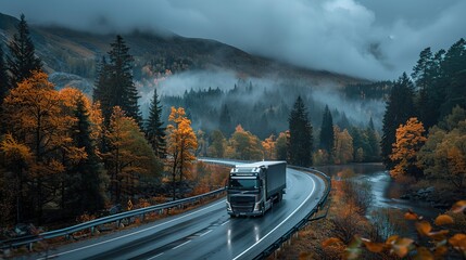 Wall Mural - The highway the bridge over the river on which truck move. Dawn over the autumn forest.