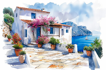 Sticker - Greece, painting watercolor illustration. The sun is bright colors, an abstract decorative sketch.