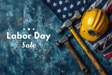 Labor Day sale concept with tools, helmet and US flag