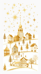 Wall Mural - Vector silhouettes of houses and churches, Christmas tree and falling stars in the sky, in clip art style, Building background, Watercolor architecture, Hand drawn landscape