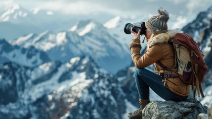 A woman photographs a mountain range