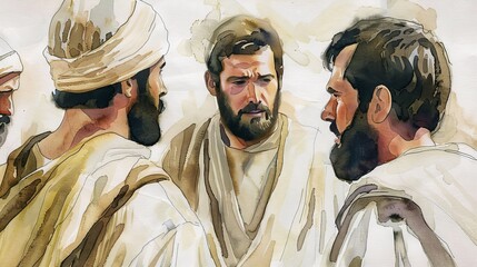 Wall Mural - Apostle Barnabas Introducing Paul to Skeptical Disciples in Jerusalem, Bridging Trust, Earnest and Persuasive, Biblical Illustration, Beige Background, Copyspace