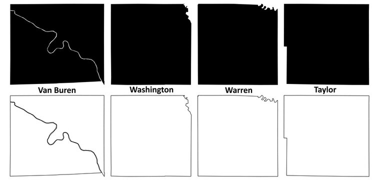 Taylor, Washington, Warren and Van Buren County, Iowa (U.S. county, United States of America, USA, U.S., US) map vector illustration, scribble sketch map