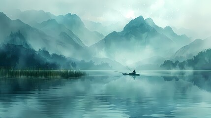 Wall Mural - Green grass mountains lake fishing boat illustration poster background