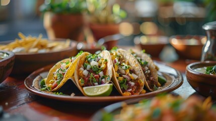 Wall Mural - Delicious Mexican tacos with meat, beans and vegetables on a dark background. Close up