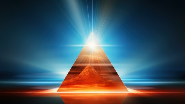Bright red crystal pyramid emits blue laser beams in a futuristic abstract scene.