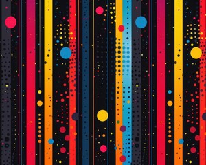 Poster - Pattern design with bold, colorful stripes and dots on a dark background, creating a visually striking and dynamic aesthetic.