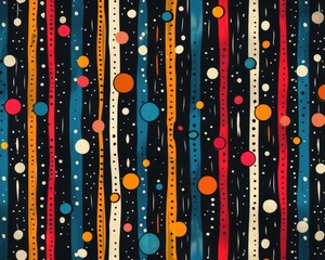 Poster - Pattern design with bold, colorful stripes and dots on a dark backdrop creates a striking visual effect.