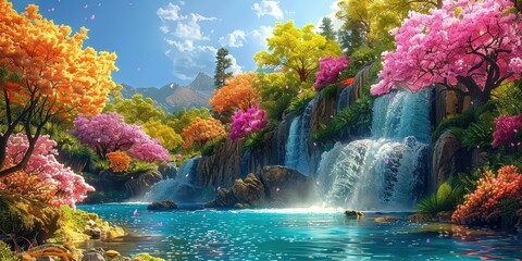Wall Mural - Waterfall Oasis in a Colorful Forest