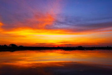 Wall Mural - scenic view of beautiful sunrise or dawn above the pond or lake at spring or early summer morning wi