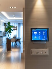 Aufkleber - A sleek, modern touchscreen control panel mounted on a contemporary wall in a smart home. The panel displays home automation options like lighting, security, and climate control. Generative AI