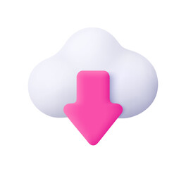 Poster - Cloud and upload, download arrow. Media loading, data transfer, cloud storage and cloud computing. 3d vector icon. Cartoon minimal style.