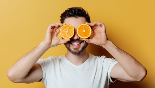 joyful male model holding slices of bright orange citrus fruits over his eyes, standing against a sunny solid color background