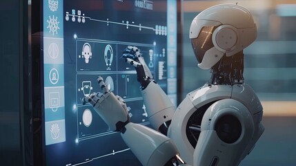 Fototapete - A humanoid robot, equipped with a touchscreen interface, interacts with a human in a sleek, modern setting. The screen displays various AI functions and options. Generative AI