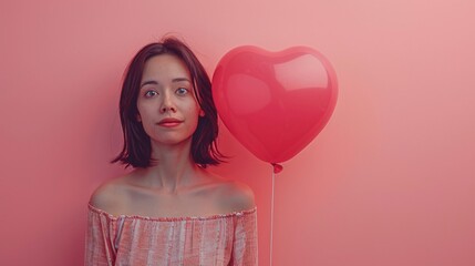 Poster - A young woman stands in a pink studio, her face hidden behind a heart-shaped helium balloon. This charming and romantic scene is perfect for conveying messages of love and dating, with plenty of copy
