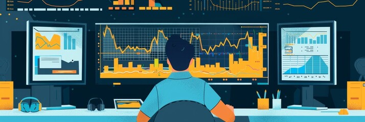 Fototapete - Man looking at multiple computer screens with graphs and data.